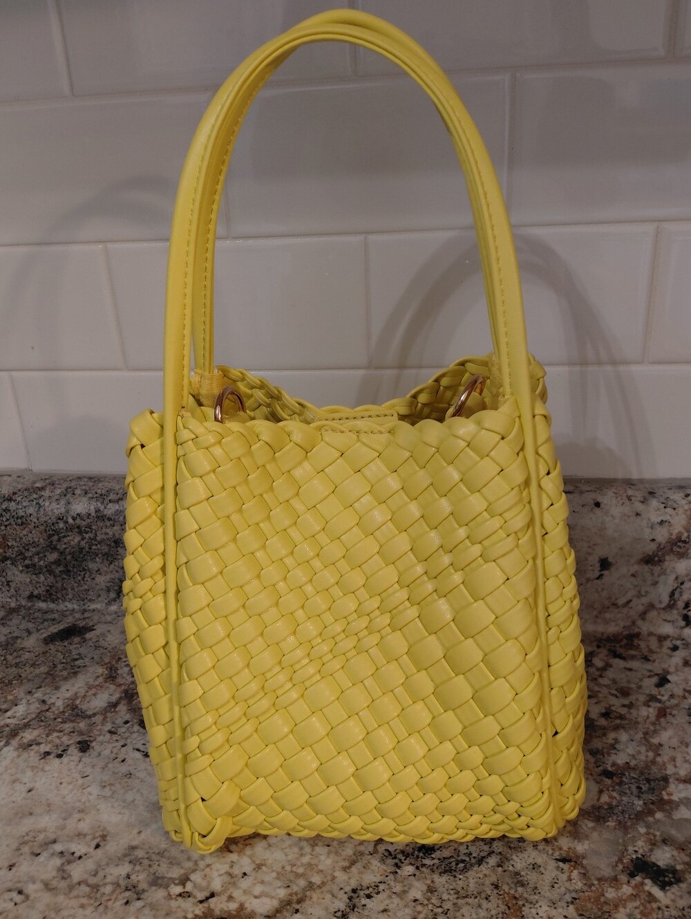 Anthropologie Hollace Yellow Fauc Leather Woven Mini Tote